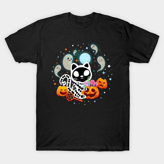 Skeleton Cat Halloween Spooky Cat T-Shirt by AlexDesigner89